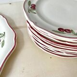 "Cherries" dessert service by Gien vintage, pie dish + 10 dessert plates, Faien ceramic