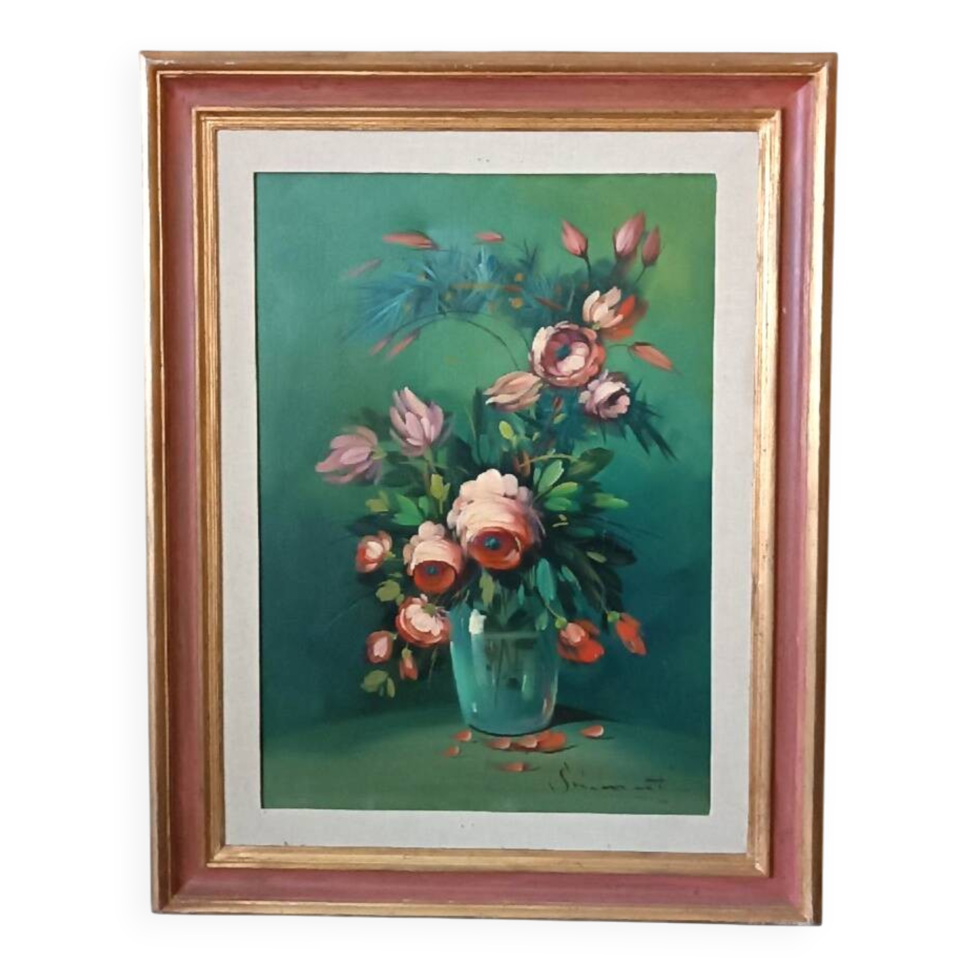 Large oil painting on canvas vase with flowers signed