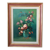Large oil painting on canvas vase with flowers signed
