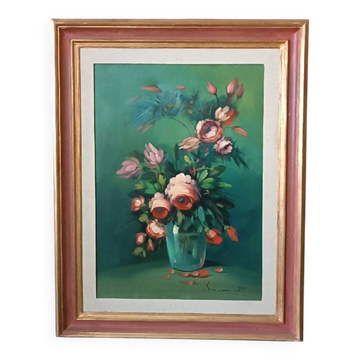 Grand tableau huile sur toile vase avec fleurs signé