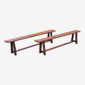 Pair of old brutalist oak benches 195cm
