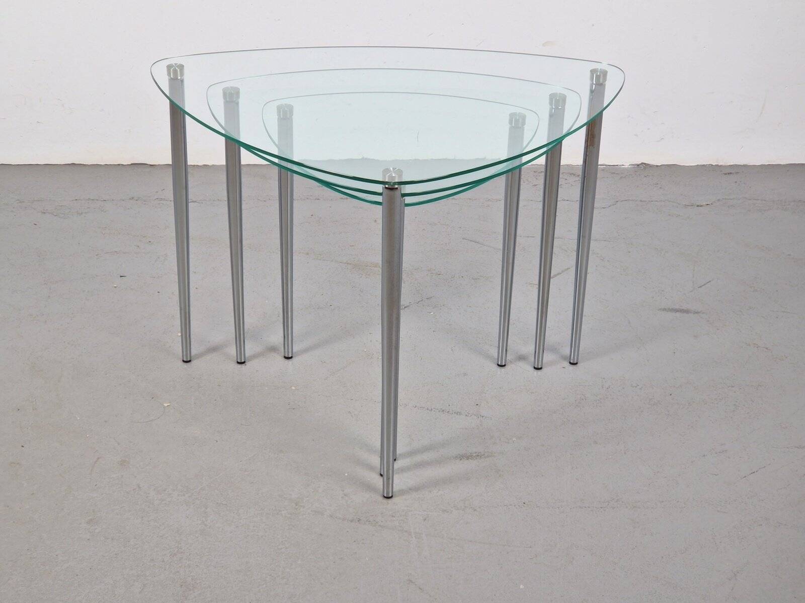 Triangular Nesting Tables in Glass and Metal, 1970s, Set of 3