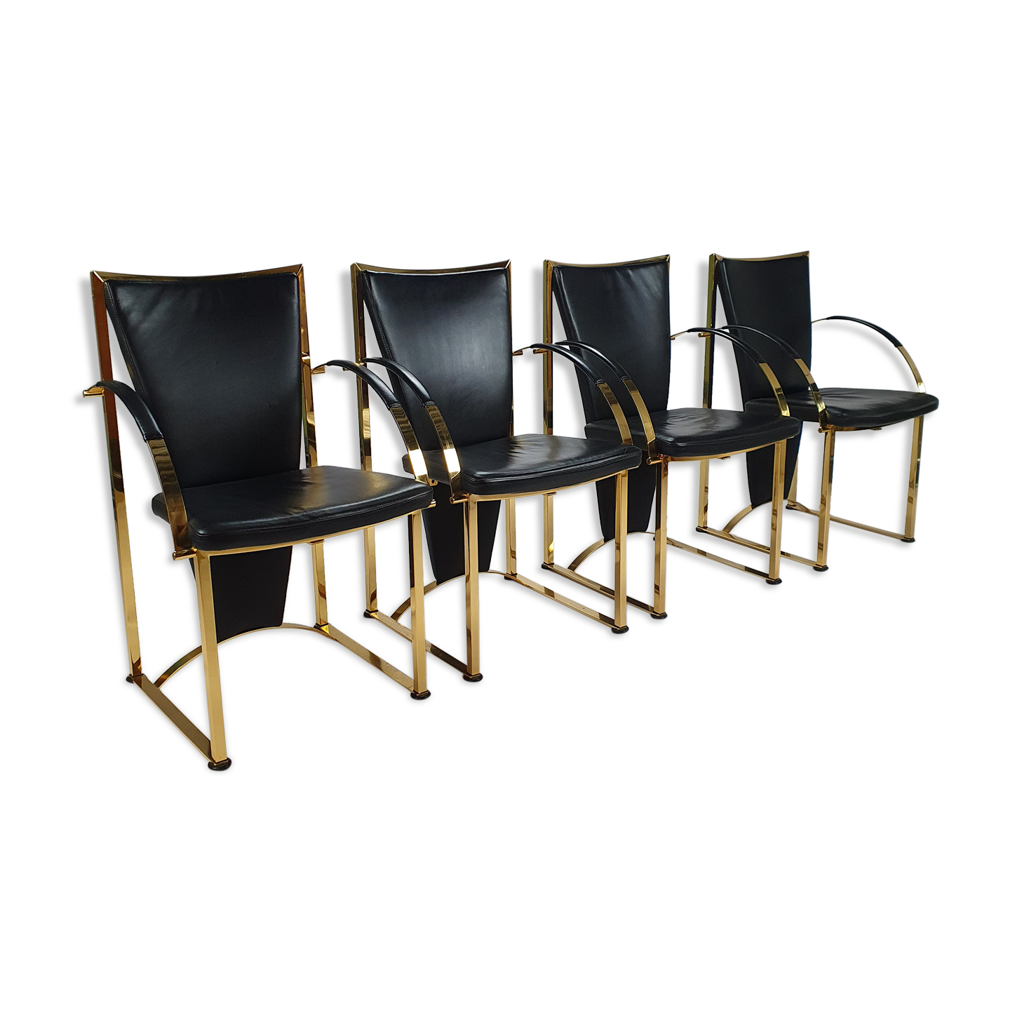 Regency exclusive brass & leather dining chairs by Ronald Schmitt, Set of 4