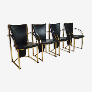 Chaises exclusive en laiton et chaises à manger en cuir par Ronald Schmitt, Set de 4
