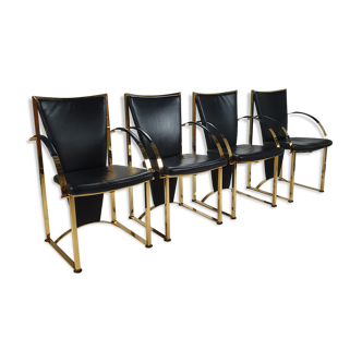 Regency exclusive brass & leather dining chairs by Ronald Schmitt, Set of 4