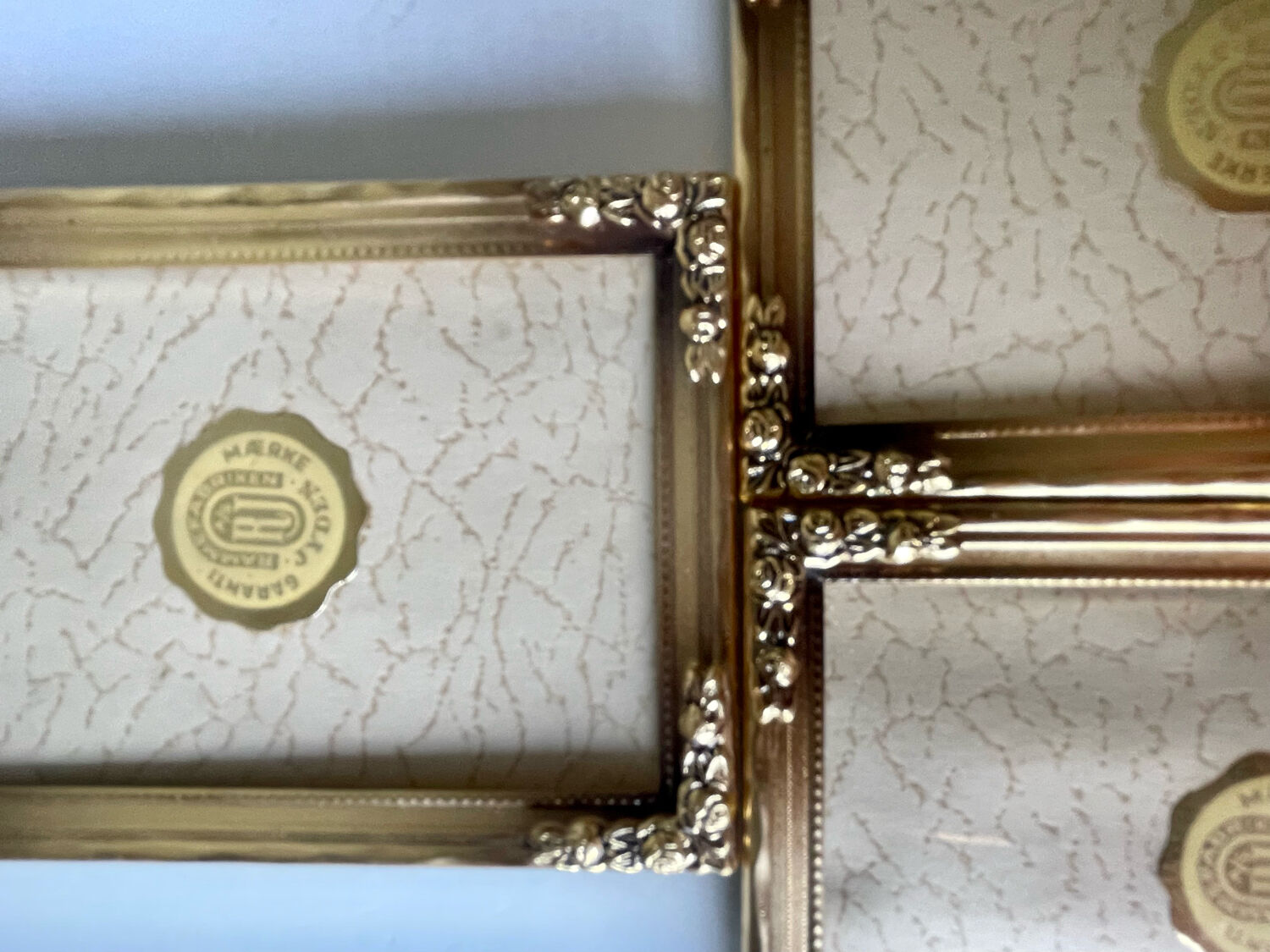 Set of 3 vintage identical gold colored metal picture frames convex glass