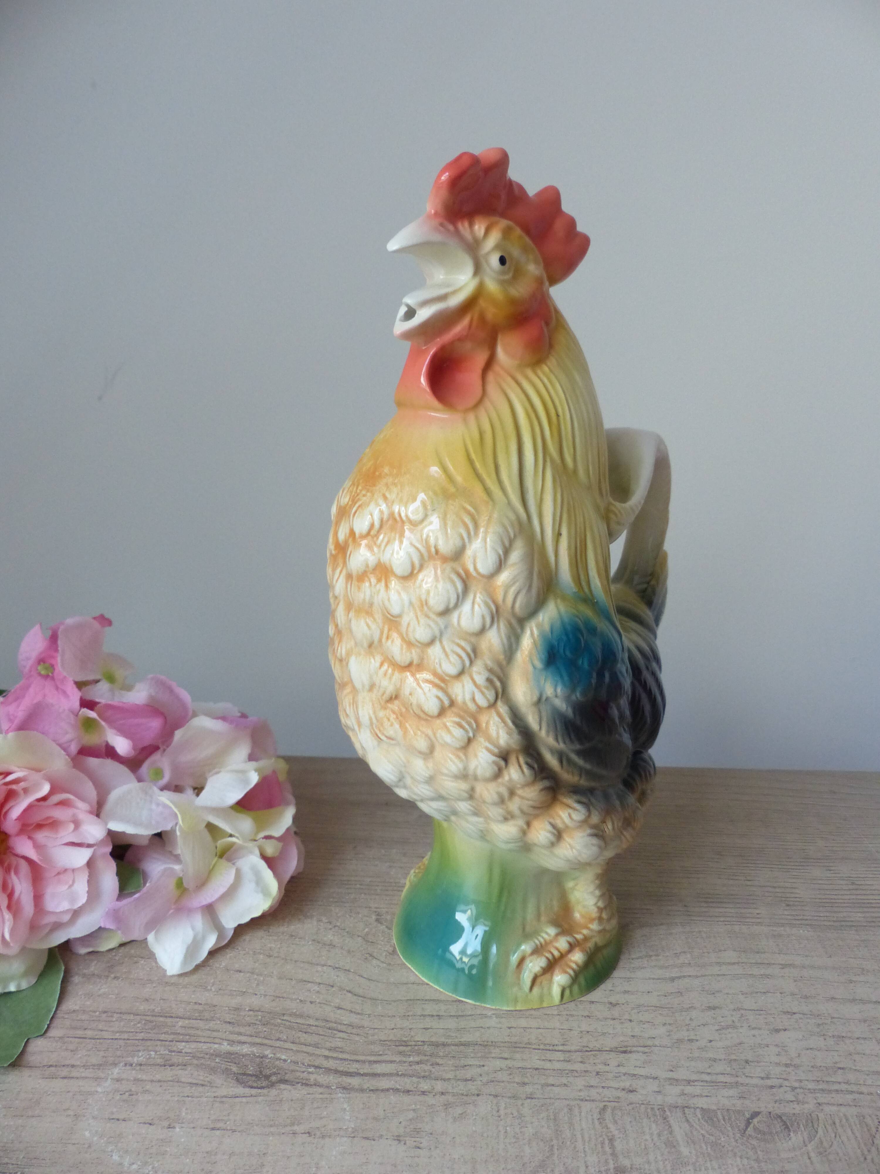 Vintage ceramic jug rooster – soft yellow and blue colours, vintage.