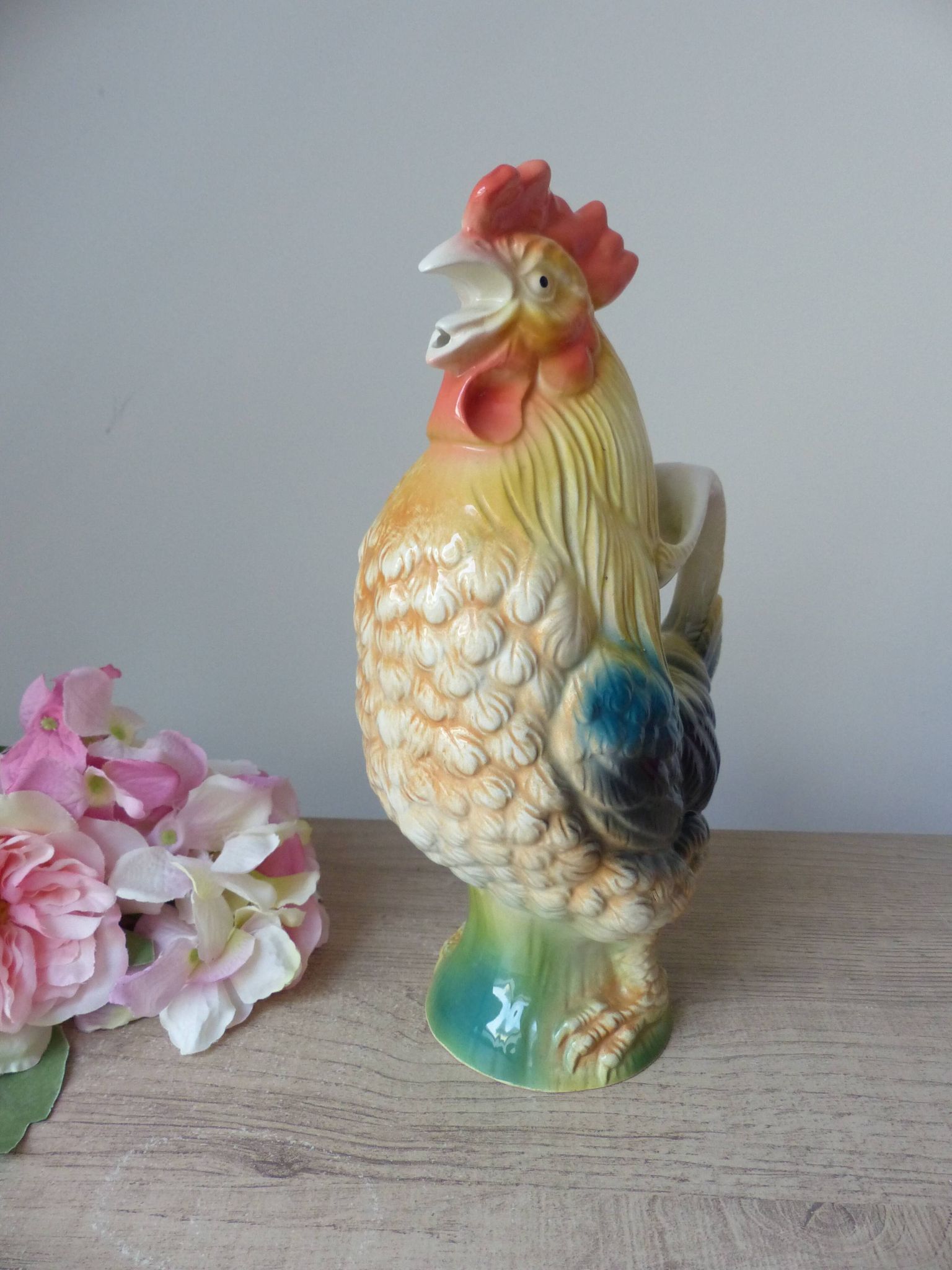 Vintage ceramic jug rooster – soft yellow and blue colours, vintage.