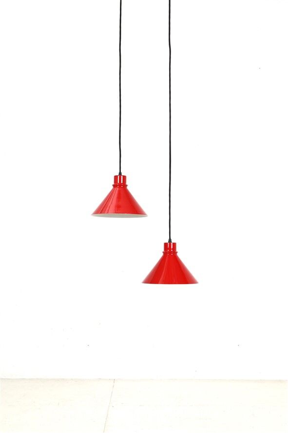 Set of 2 Nordisk Solar Compagni “Super Space” pendant lights, red, small version, Danish modern design, 1970s