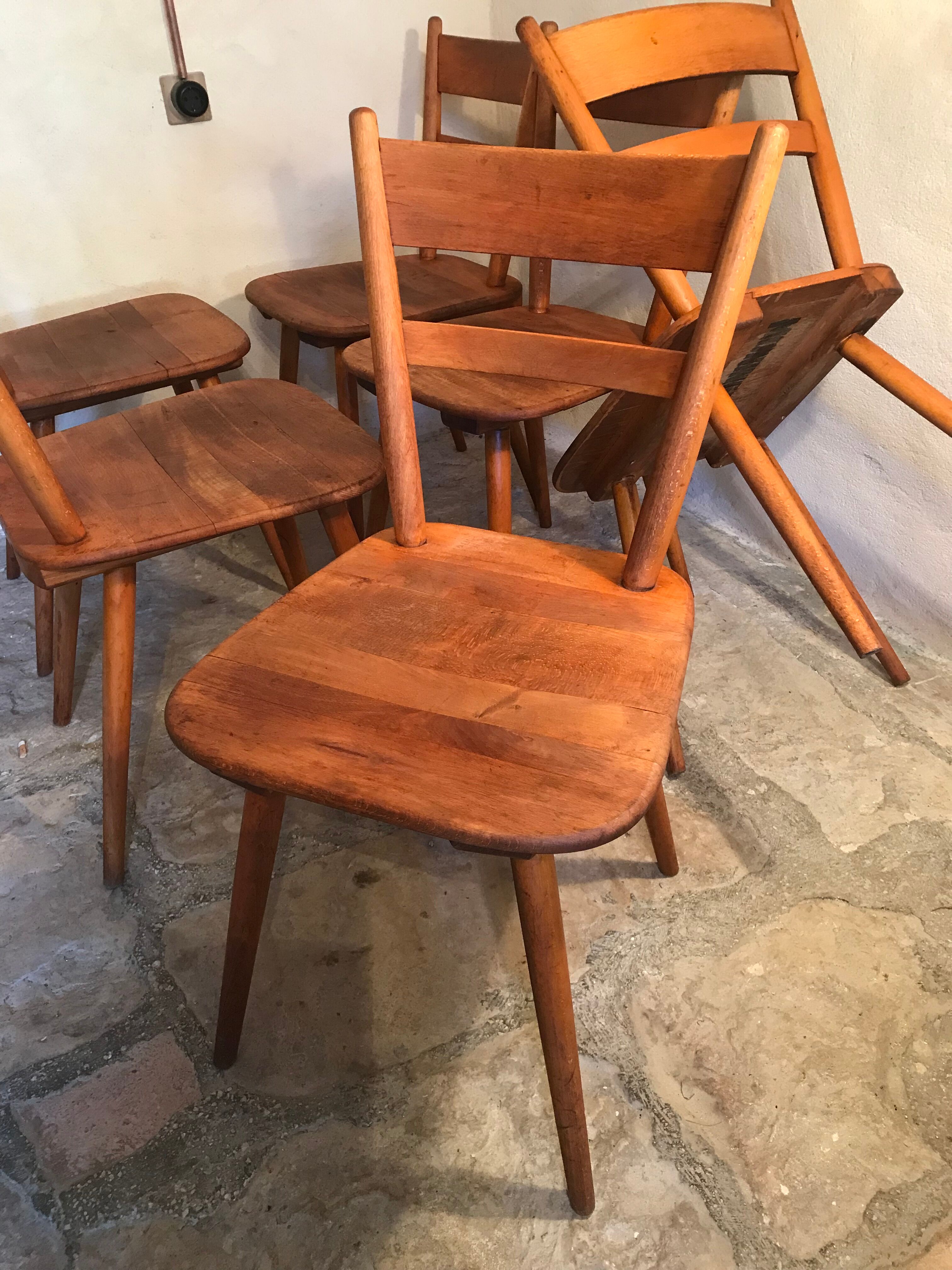 Set of 6 vintage solid wood chairs with compass legs 1960's