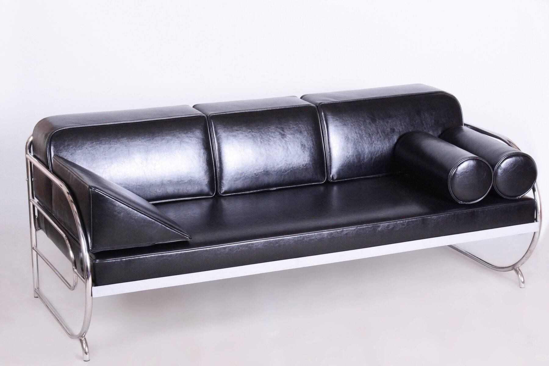 Bauhaus Sofa in Chromed Steel and Leather by Robert Slezák, Czech, 1930s