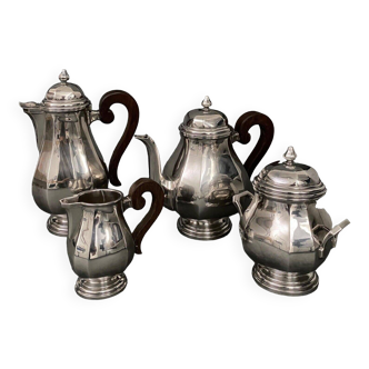 Silver metal tea and coffee service 4 pieces 1930 cut sides wooden handles