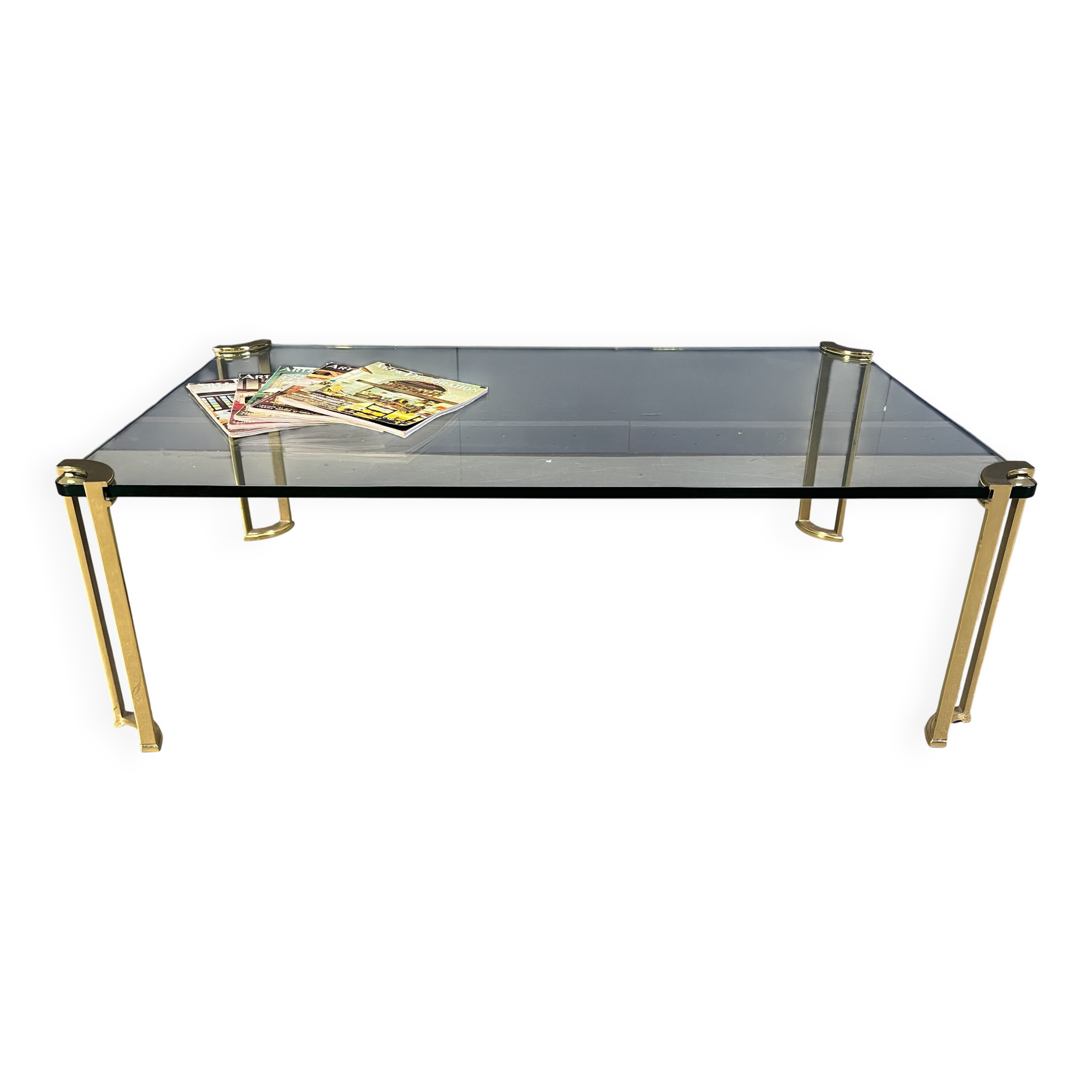 Peter Ghyczy style coffee table in brass and glass