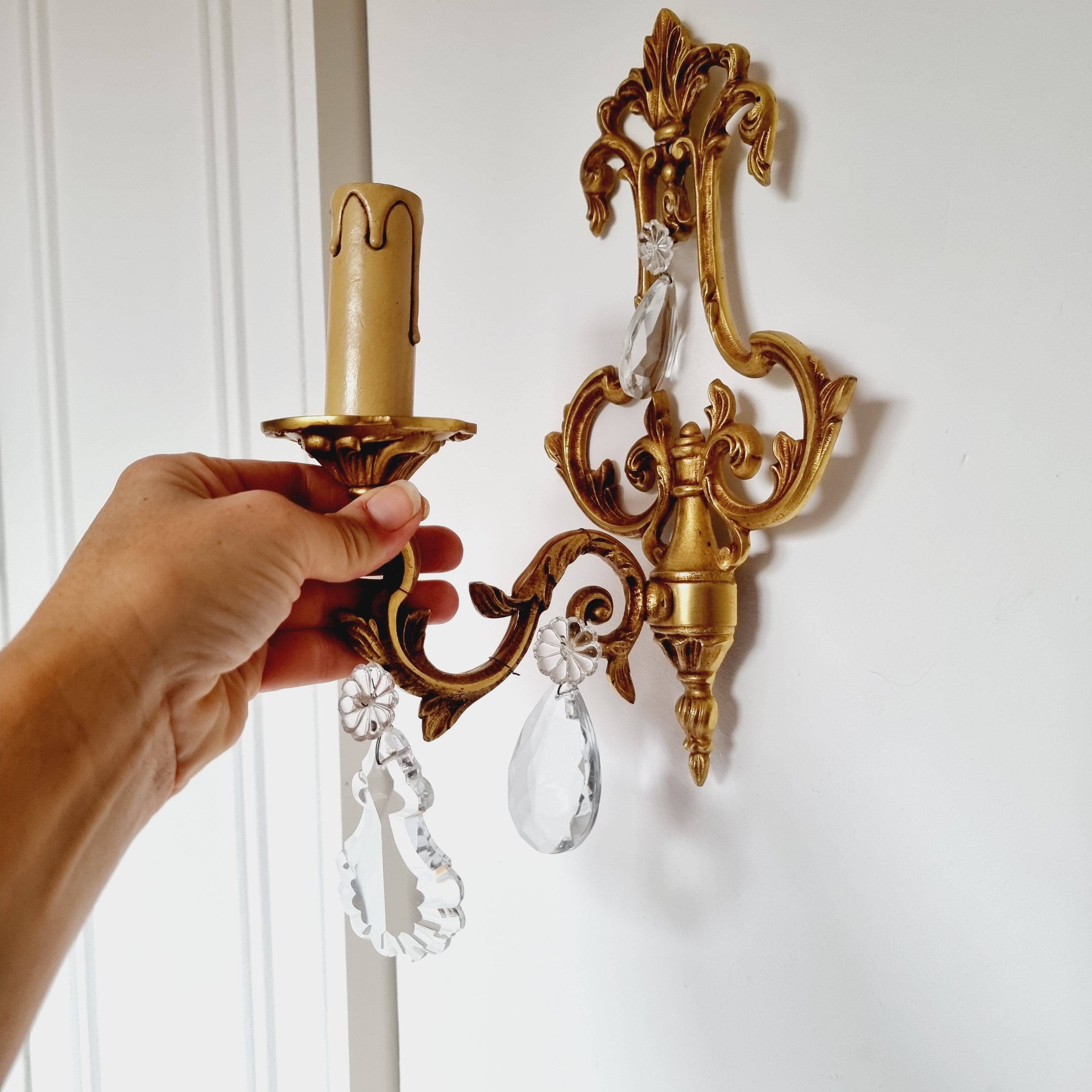 2 antique bronze and rock crystal candles and one light sconces in classic style