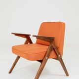 Fauteuil lounge vintage en laine, tissu orange et bois de hêtre