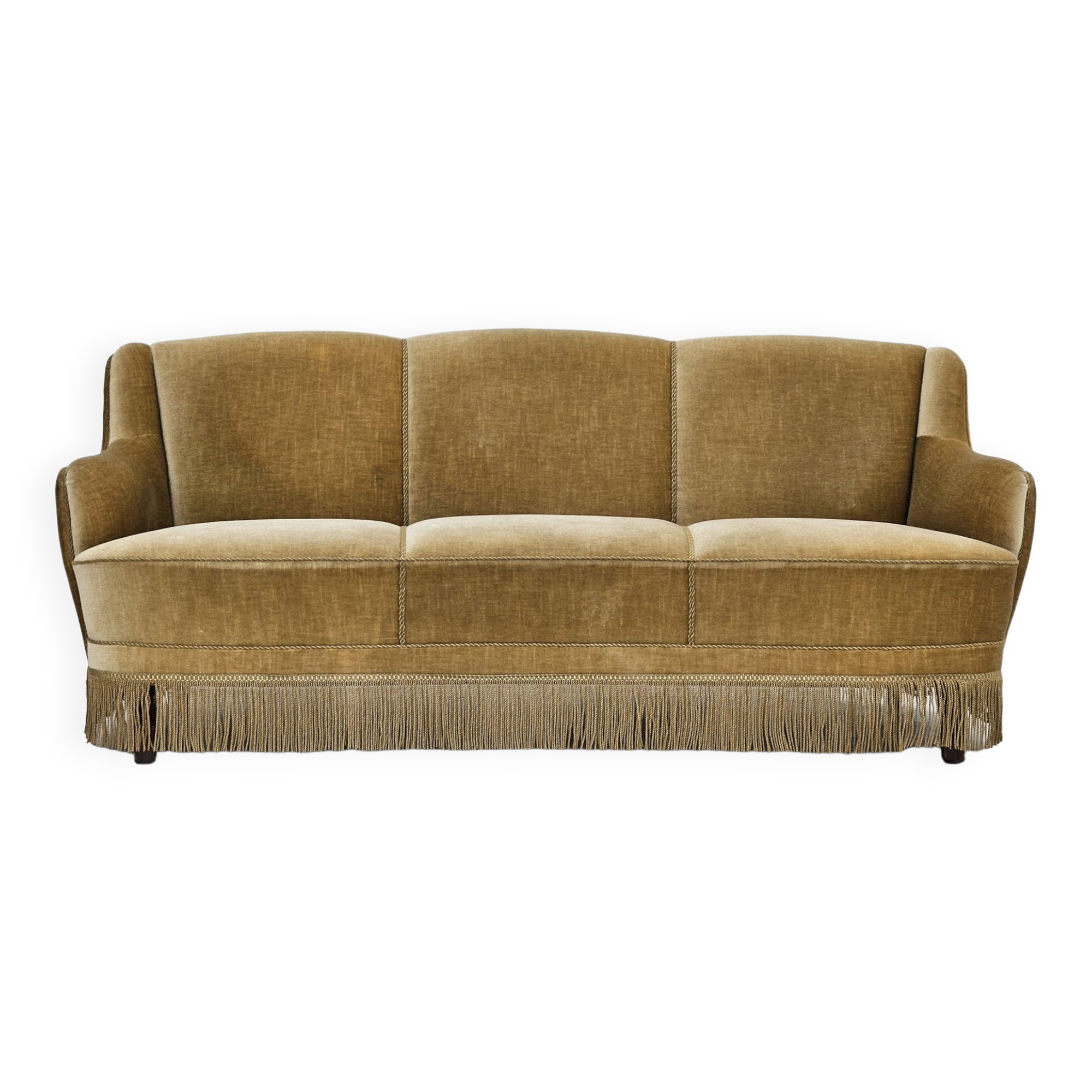 1970s, Danish 3-seater "Banana" sofa, original green velour.