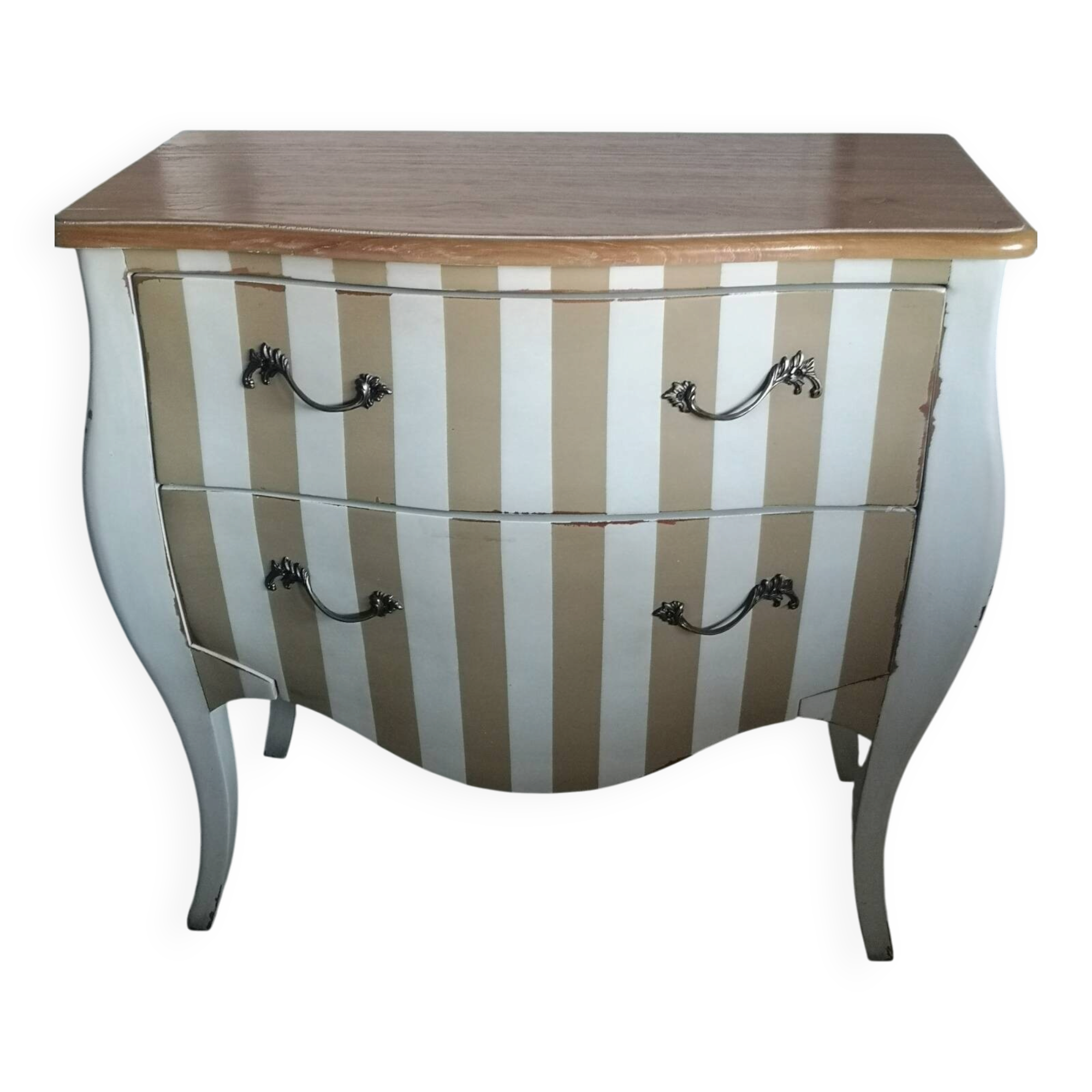 Curved commode with beige and white stripes.