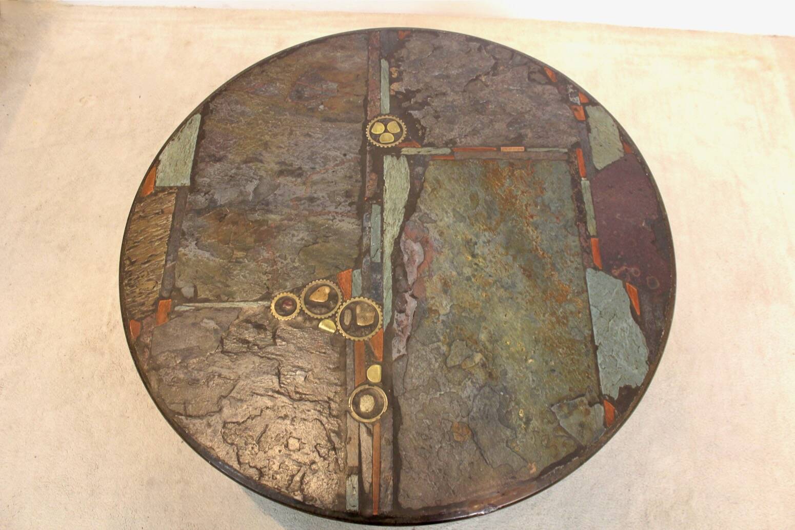 Brutalist Paul Kingma One-Off Slate, Ceramic and Brass Artwork Coffee Table, Signed