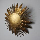 Brutalist sun floral wall lamp, gold leaf gilded metal, Italy, 1970