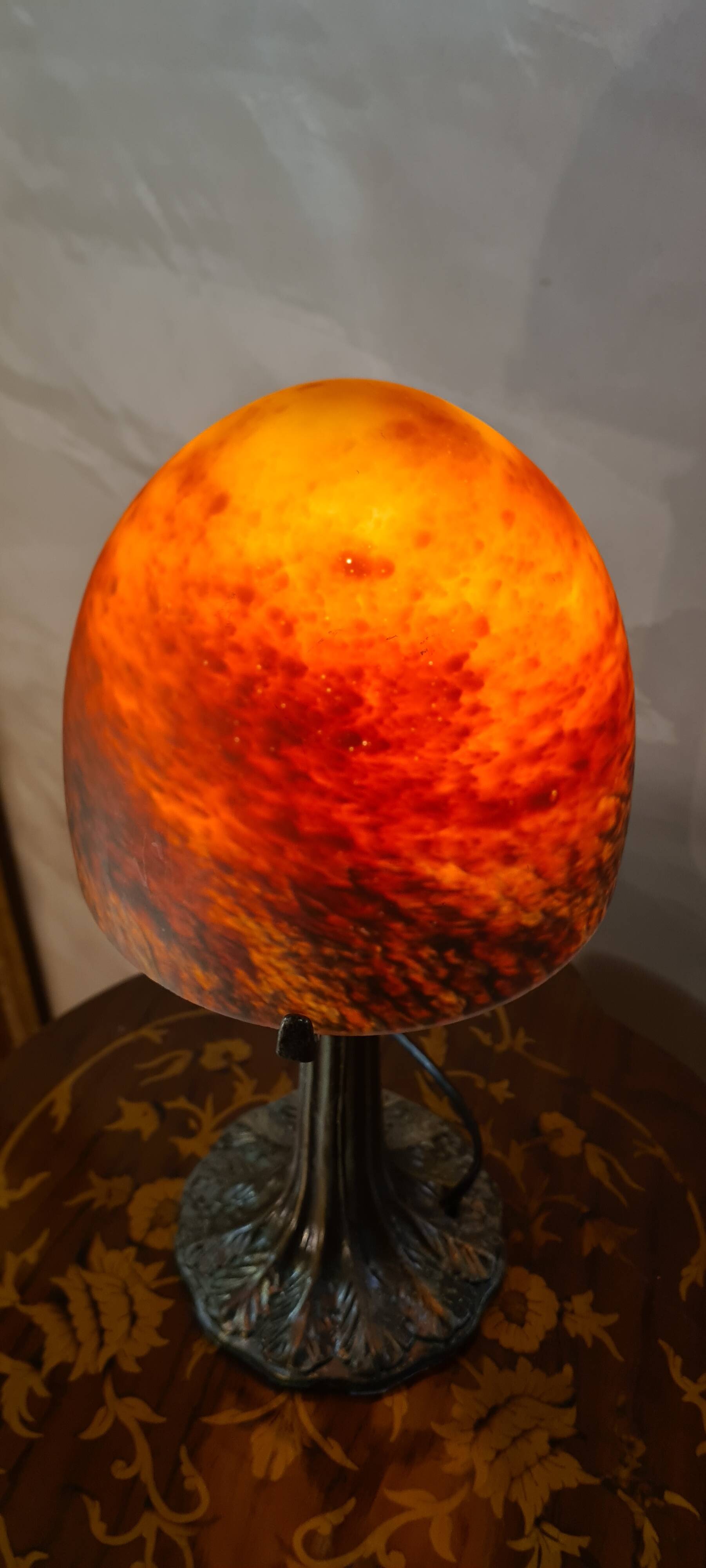 Mushroom lamp glass paste metal base patinated bronze 39x18 elec refurbished