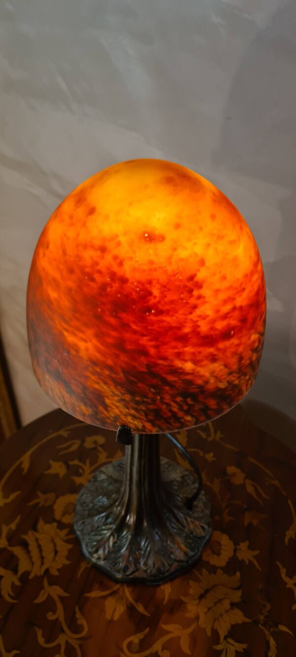 Lampe champignon pate de verre pied metal patiné bronze 39x18 elec refait a neuf