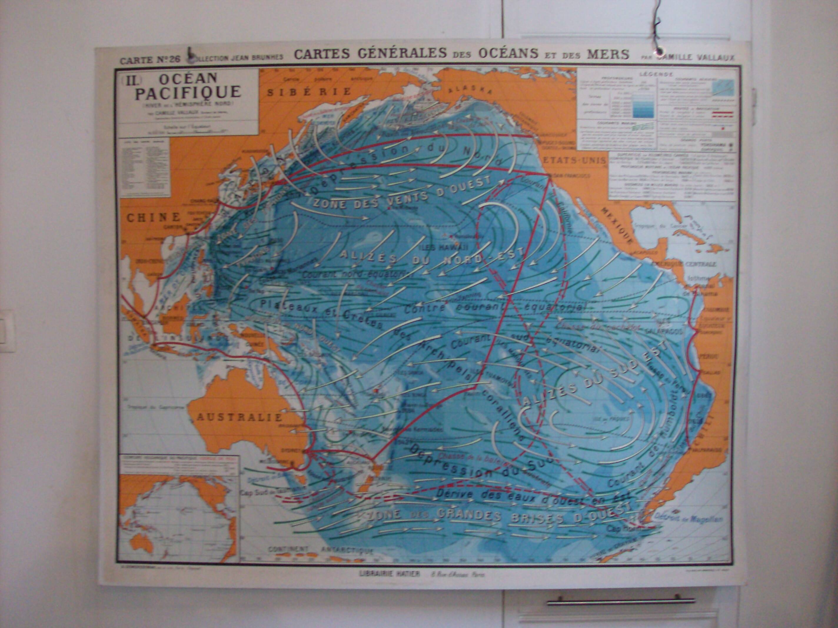 Old school map of geography oceans and seas Hatier Vallaux n°26