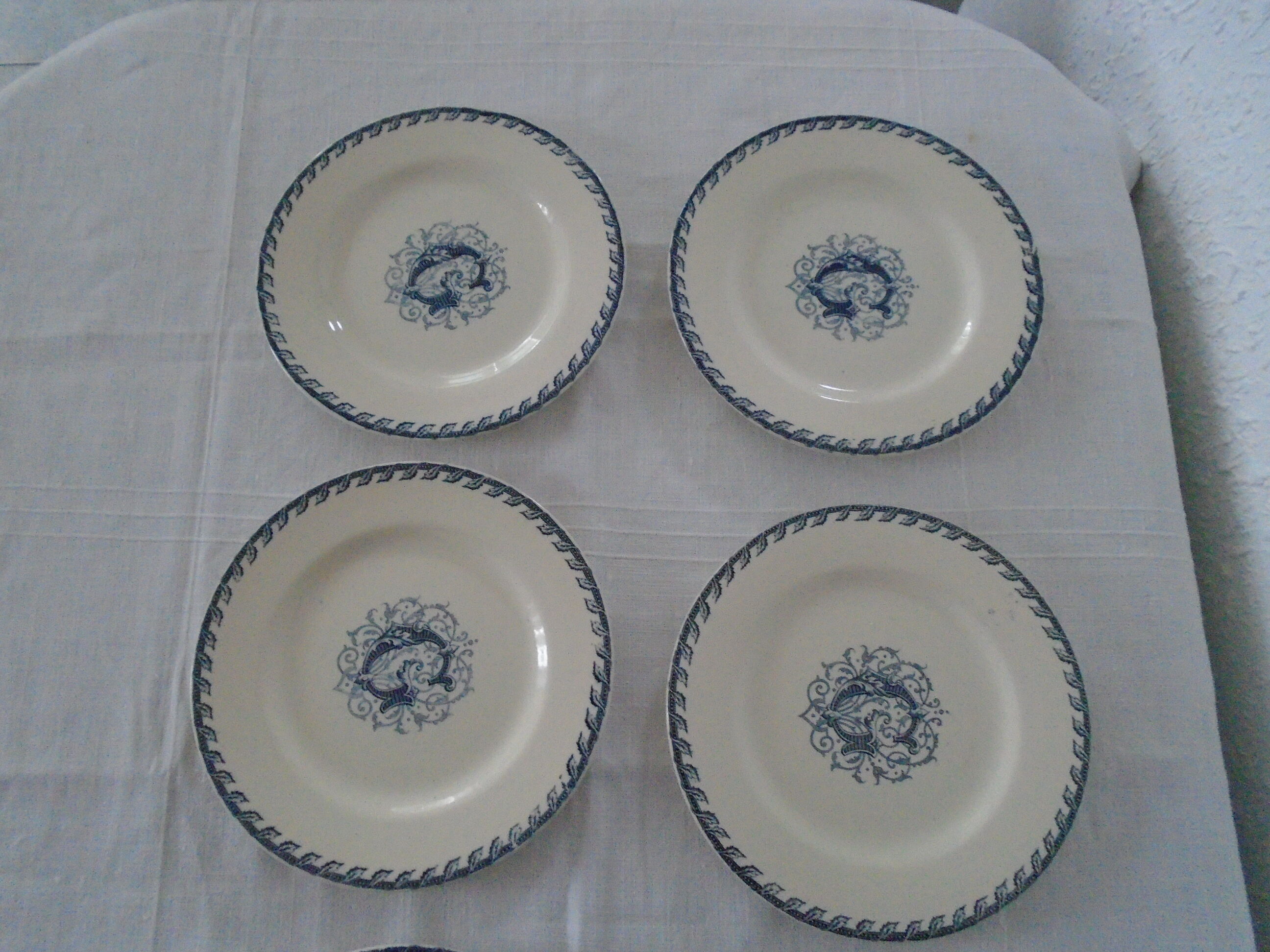 6 flat plates K - G Lunéville original blue decoration "G" old faience