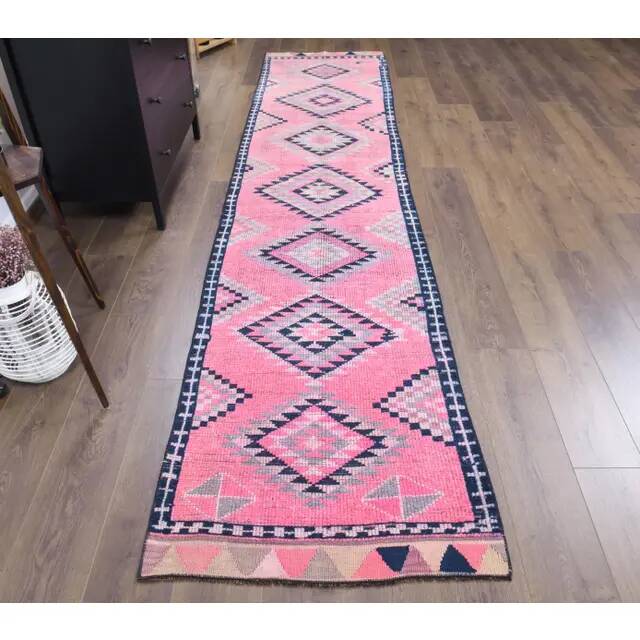 1970s Turkish Handmade Wool Pink Runner 81x363