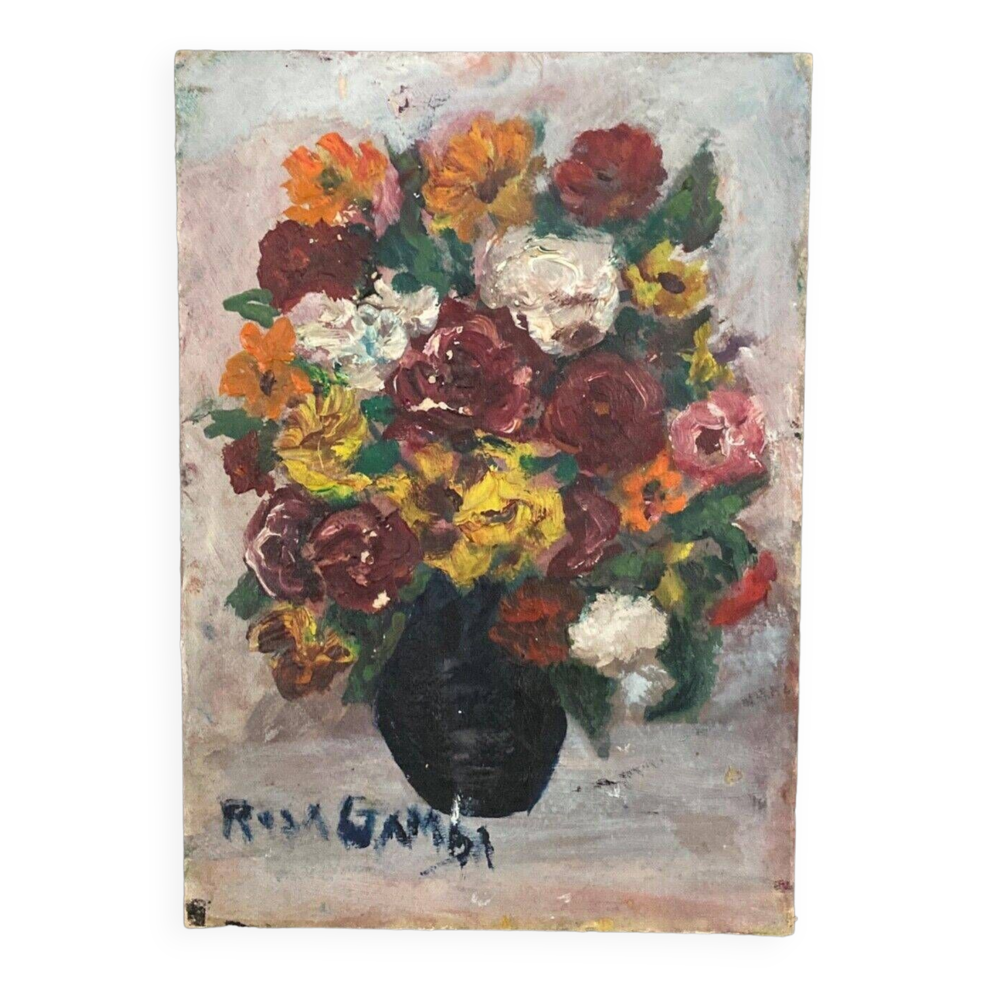 Oil on cardboard bouquet of flowers still life by Rosa Gamba 20th century