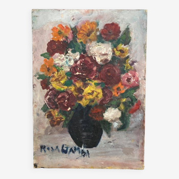 Huile sur carton bouquet de fleurs nature morte par Rosa Gamba XXe