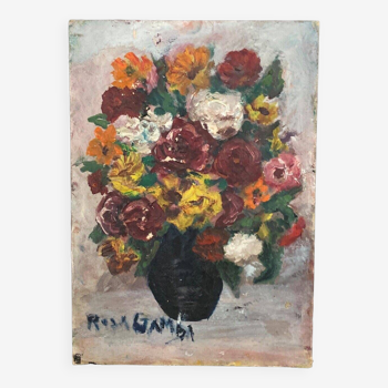 Oil on cardboard bouquet of flowers still life by Rosa Gamba 20th century