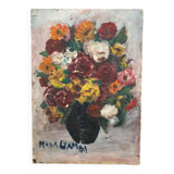 Huile sur carton bouquet de fleurs nature morte par Rosa Gamba XXe