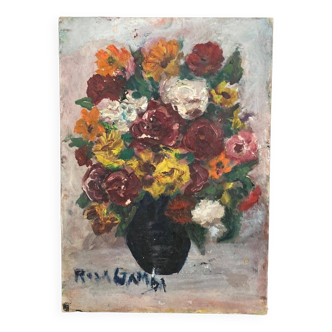 Oil on cardboard bouquet of flowers still life by Rosa Gamba 20th century