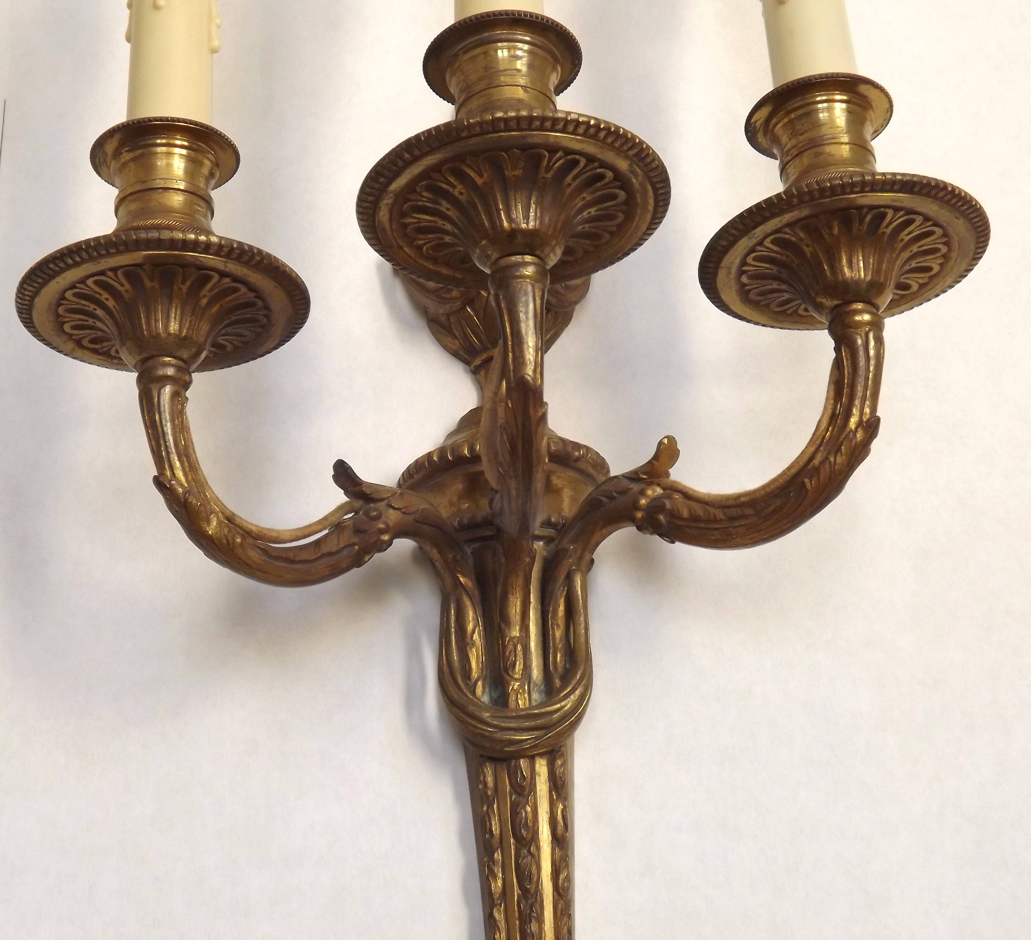 Magnificent Pair French Antique Bronze Triple Wall Lights Urn & Swag Detail