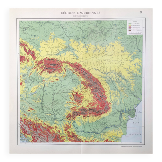 Carte ancienne  Danube Bucarest Roumanie 43x43cm de 1950