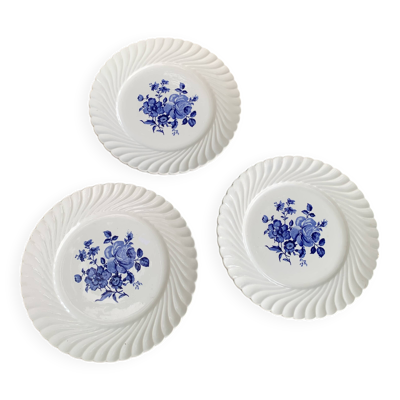 3 assiettes plates luneville France roses bleues vintage