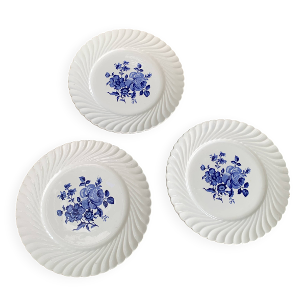 3 assiettes plates luneville France roses bleues vintage