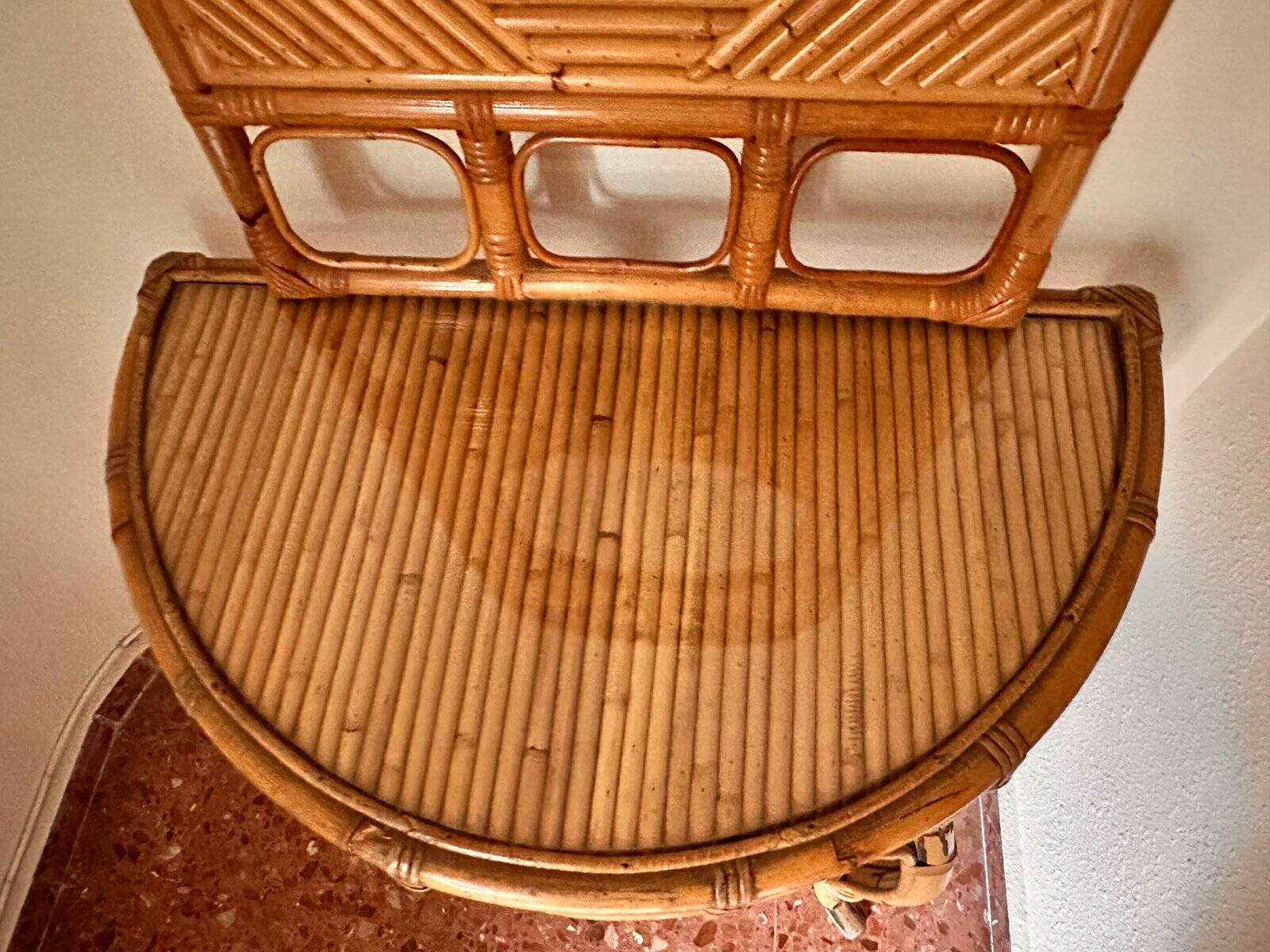 Curved half-moon console in rattan and bamboo with mirror by Vivai del Sud, Italy, 1960s.