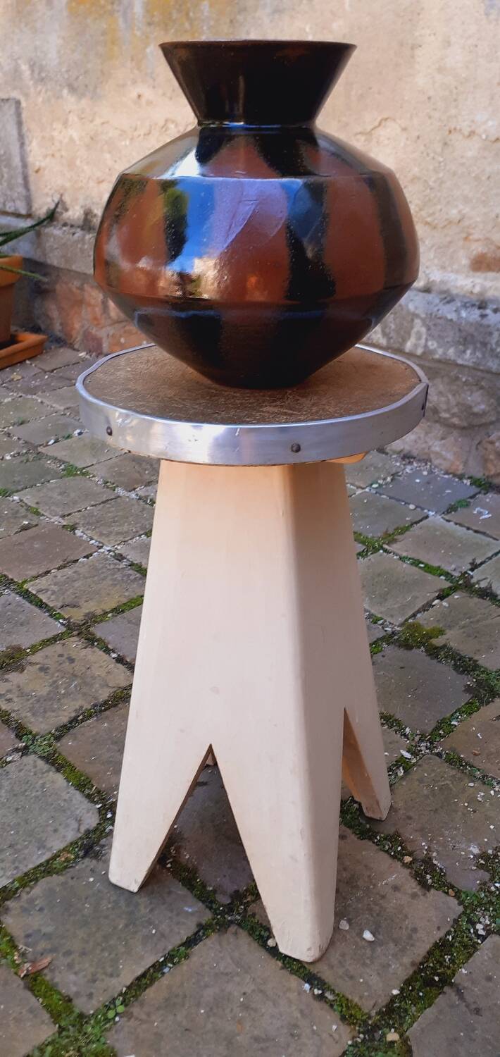 Tabouret,  porte plante vintage année 50 pied compas en chêne
