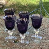 Set of 5 wine glasses in blown and bubbled glass, duo line, biot glassware style, unsigned,