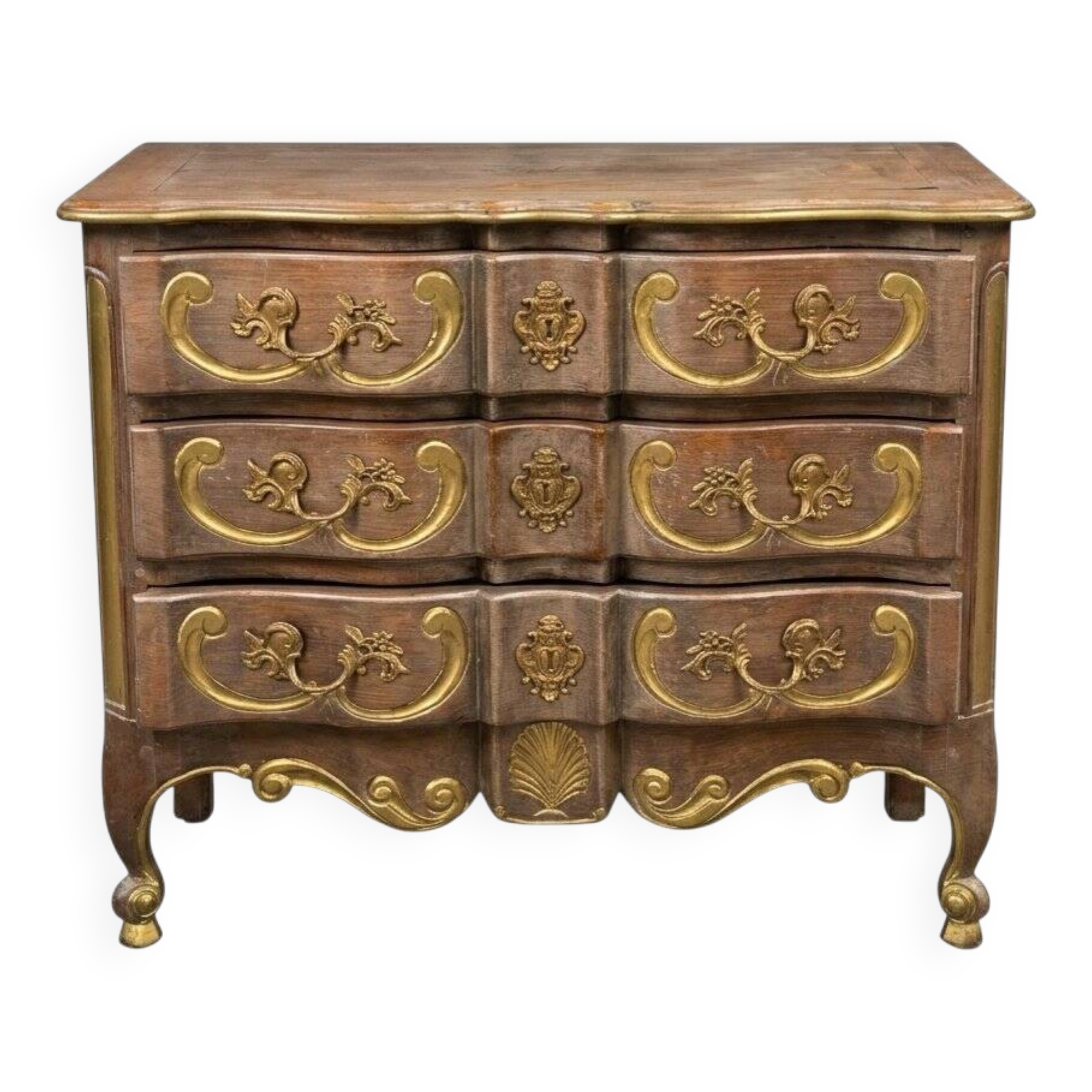 Commode arbalete ancienne style Louis XV noyer 3 tiroirs bronzes dores