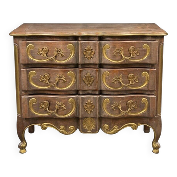 Commode arbalete ancienne style Louis XV noyer 3 tiroirs bronzes dores