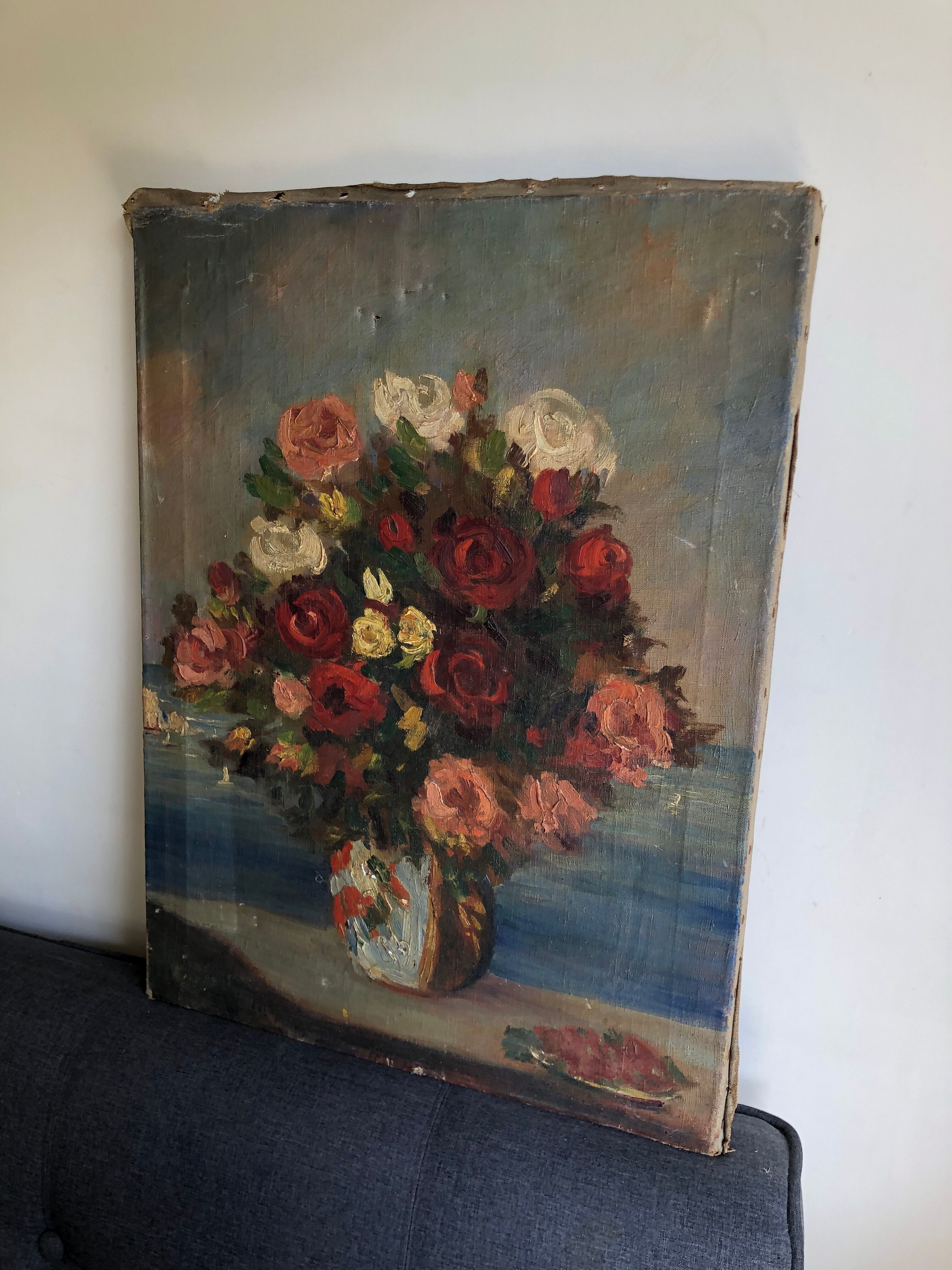 Oil on canvas ancient Bouquet of flowers