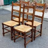 4 solid wood chairs with straw seats and high backs, 108cm.