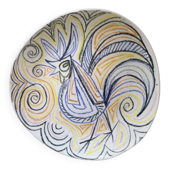 Assiette en céramique craquelée - Motif coq - Années 1960