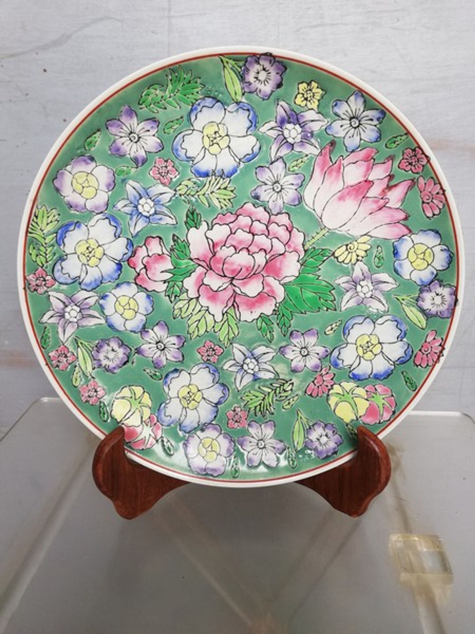 Plate china porcelainE enamelled family pink Lotus + Brand