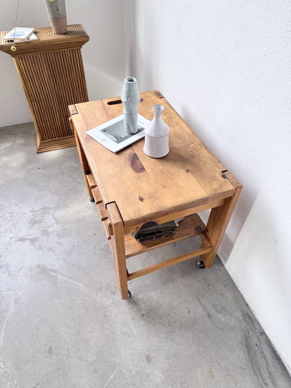 1980 pine wheeled console table