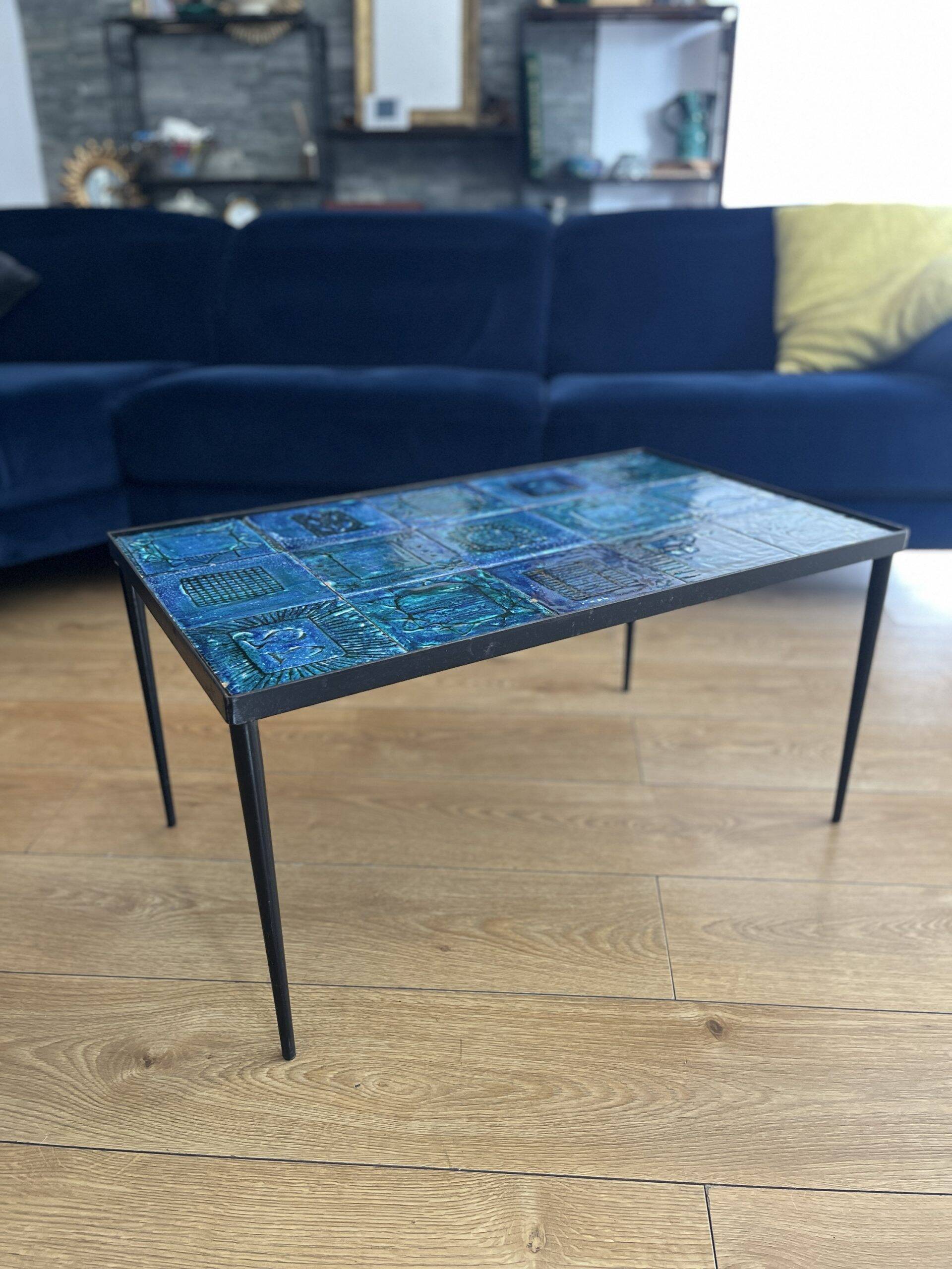 Blue ceramic coffee table by Robert & Jean CLOUTIER circa 1960