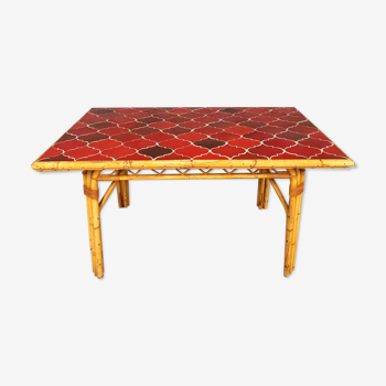 Table de salle-à-manger rectangulaire vintage en rotin et céramique de Vallauris années 50 60