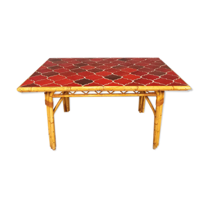 Table de salle-à-manger rectangulaire vintage en rotin et céramique de vallauris années 50 60